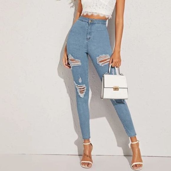 SHEIN Denim - SHEIN Distressed High-Rise Skinny Jeans